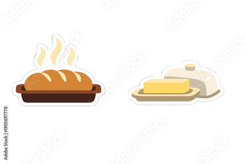 A stylized illustration of a steaming loaf of freshly baked bread in a brown pan next to a block of yellow butter on a dish with a white lid, isolated on a black background.