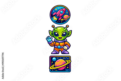A collection of three vibrant space-themed cartoon illustrations featuring a pink rocket ship in a circle, a waving green alien in an orange suit, and a ringed planet in a frame.