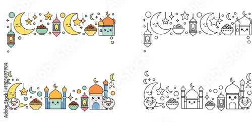 Cute Islamic holiday border set with Ramadan and Eid elements including kawaii mosque, lantern, moon, dates and sheep. Vector banner frame in color and outline style for coloring page.