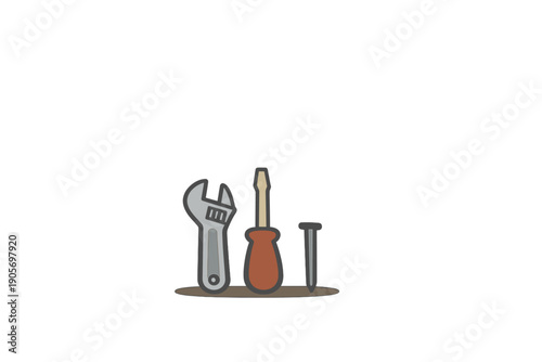 A flat vector illustration featuring an adjustable wrench, a flat-head screwdriver, and a single nail standing on a brown base against a solid black background.