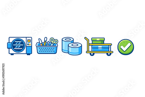 A set of five medical icons including an autoclave, a basket of surgical tools, rolls of tape, a supply cart, and a green checkmark, all presented in a flat style on a black background.