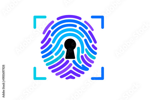 A digital illustration of a colorful fingerprint with a keyhole in the center, framed by scanner brackets on a black background, representing biometric security and access.
