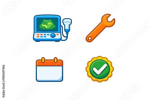 A collection of four colorful icons including an ultrasound machine with a fetus, an orange wrench, a calendar, and a green checkmark badge, all set against a black background.