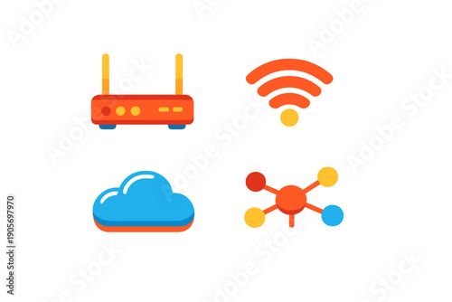 A collection of four colorful flat icons representing networking technology, including a wireless router, a Wi-Fi signal, a cloud storage symbol, and a connected node diagram.