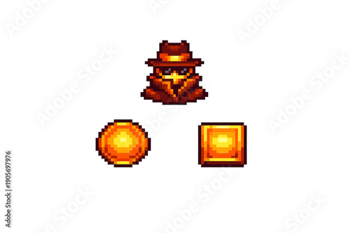 A pixel art illustration featuring a mysterious figure in a brown trench coat and hat, accompanied by a glowing orange circular orb and a square block on a black background.