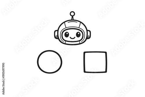 A simple black and white line art illustration featuring a cute robot head with an antenna, positioned above a circle and a square on a plain background. Perfect for coloring.