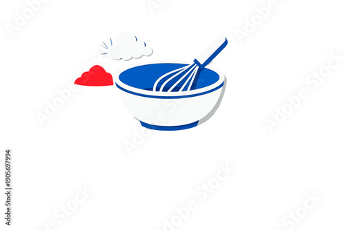 A flat graphic illustration featuring a white mixing bowl with blue trim and a whisk, alongside a red mound and a white cloud icon, all set against a solid black background.