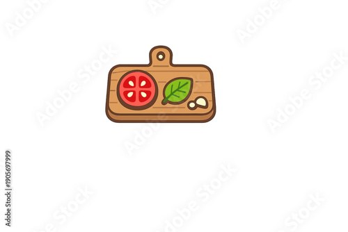 A stylized illustration of a wooden cutting board featuring a red tomato slice, a green basil leaf, and a clove of garlic, set against a solid black background.