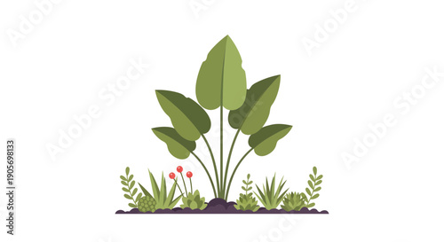 Vibrant illustration of a central plant with large green leaves, surrounded by colorful flowers and soil, viewed straight on in a clean white backdrop