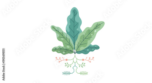 Centered watercolor illustration of a three‑leaf plant with delicate roots and pink buds on a pristine white backdrop