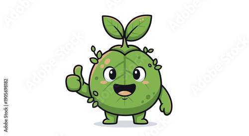 Cheerful Green Mascot Character Giving Thumbs-Up with Leaf on Head in Front-Facing Cartoon Illustration on White Background