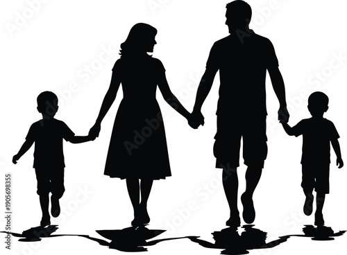 Family silhouette vector illustration showing parents and two children holding hands walking together isolated on white background stock design art