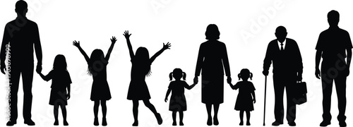 Multi generation family silhouette vector illustration showing children parents and grandparents standing together isolated on white background for stock design