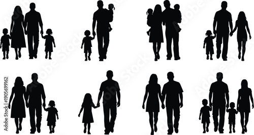 Family silhouettes vector set showing parents children couples walking together isolated on white background for stock illustration use design commercial