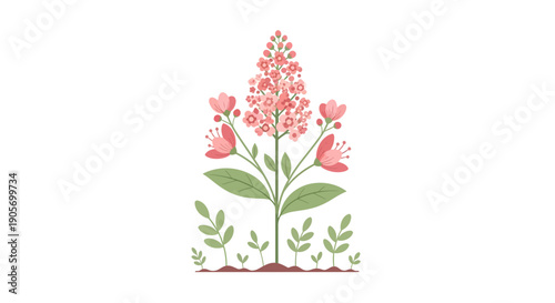 Centered illustration showcasing a pink flowering plant with green leaves on a clean white background