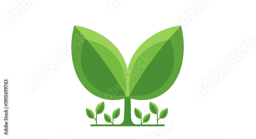 Centered cartoon botanical illustration of a green plant with vibrant leaves and stem, viewed straight on, emphasizing growth and harmony