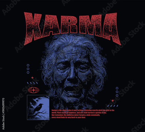 Vector a striking blue stippled portrait illustrating the weight of karma for t-shirt print design template