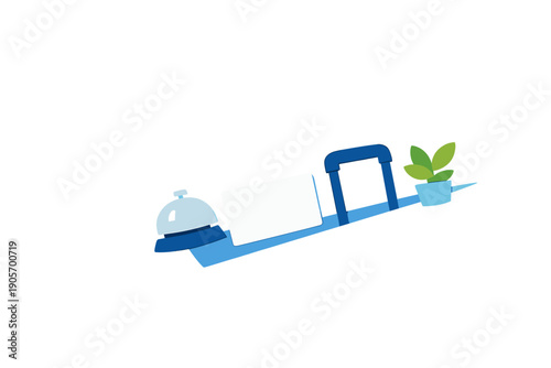A minimalist vector illustration featuring a hotel service bell, a white key card, a suitcase handle, and a small potted plant on a slanted blue platform against a black background.