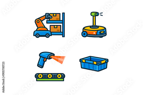 A set of four vector icons representing warehouse automation, featuring a robotic arm picking boxes, an autonomous mobile robot, a barcode scanner on a conveyor, and a storage bin.