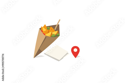 A flat illustration of a brown paper cone filled with yellow tortilla chips, green olives, and a wooden pick, with a white napkin and a red location pin on a black background.