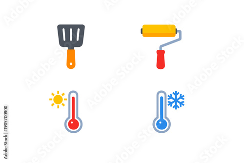 This set of four colorful flat icons features a kitchen spatula, a paint roller, a hot temperature thermometer with a sun, and a cold temperature thermometer with a snowflake.