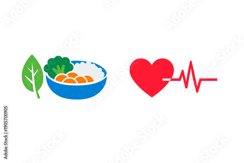 This minimalist graphic features a bowl of rice and vegetables beside a green leaf and a red heart with a heartbeat line, representing the vital link between diet and health.