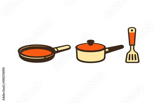A minimalist flat illustration featuring a frying pan, a saucepan with a lid, and a spatula. The kitchenware is depicted in orange and cream colors against a solid black background.