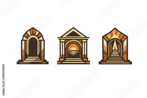 Three stylized architectural icons featuring arches, steps, and sun motifs in earth tones are set against a black background, showcasing a minimalist and geometric design style.