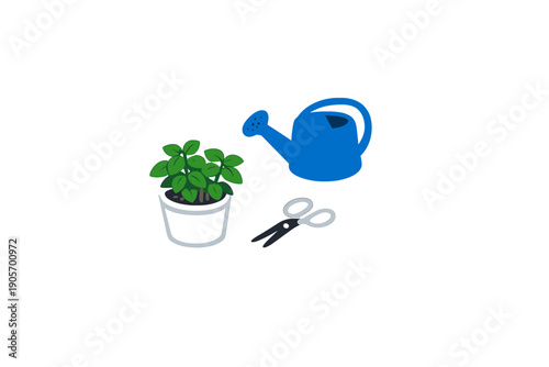 A collection of three gardening-themed stickers including a green plant in a white pot, a blue watering can, and silver scissors, all set against a solid black background.