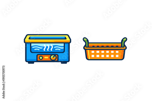 This vector illustration features a blue ultrasonic cleaning device with a yellow top and a separate orange basket with green handles, set against a black background.