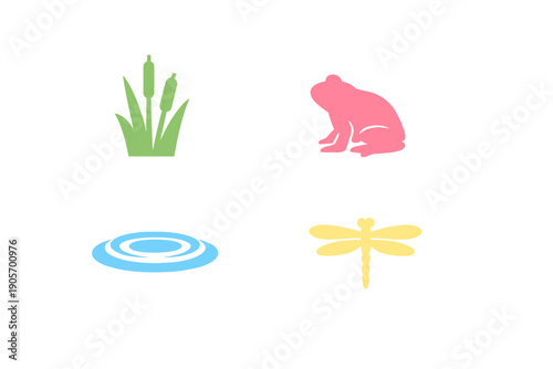 A collection of four colorful pond-themed icons including green cattails, a pink frog, blue water ripples, and a yellow dragonfly, all set against a solid black background.