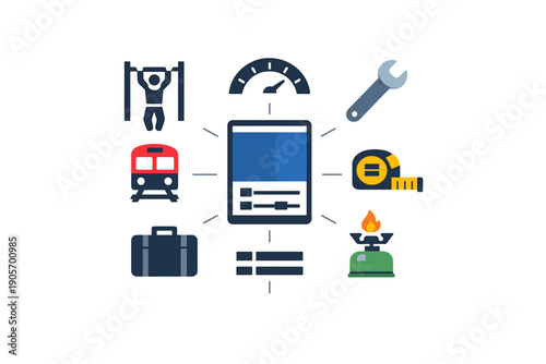 This graphic shows a central screen connected to various icons like a train, suitcase, wrench, and camping stove, illustrating a multi-functional mobile app for daily life tasks.