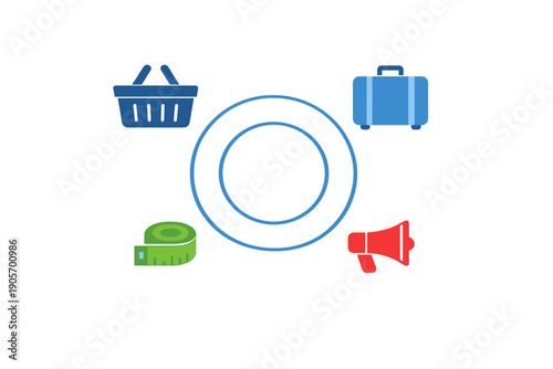 A central blue double circle is surrounded by four icons including a shopping basket, a suitcase, a measuring tape, and a megaphone against a solid black background.