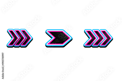 A set of three stylized neon arrow icons pointing right on a black background. The chevrons feature cyan and magenta glowing outlines with a black dotted pattern inside.