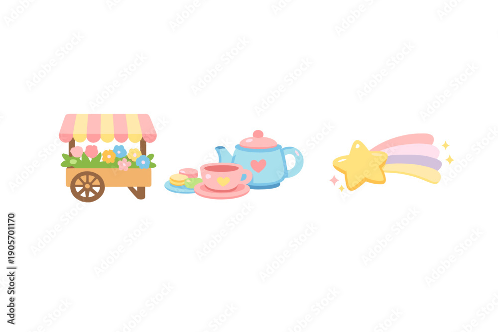 Naklejka premium A collection of cute pastel illustrations featuring a flower cart with a striped awning, a blue teapot with a pink teacup and macarons, and a yellow shooting star with a rainbow tail.