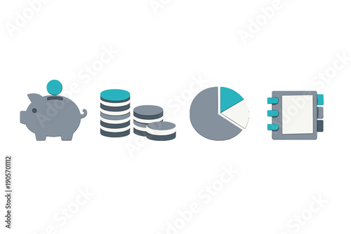 A set of four flat icons representing financial concepts, including a piggy bank, stacks of coins, a pie chart, and a notebook, all designed in a minimalist gray and teal color scheme.
