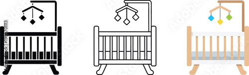 Newborn crib icons, three simple crib icons with mobile icons, one flat, solid monochrome, one thin black outline, black and white, one full color flat icon, light wood and white