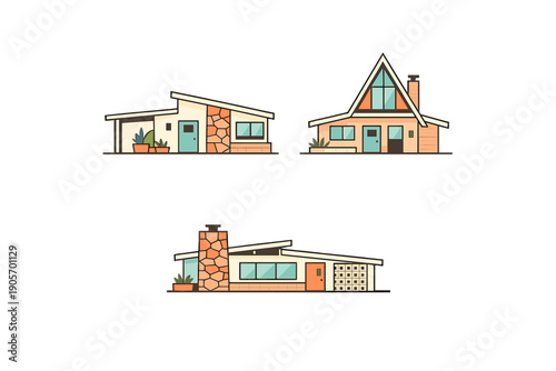 Three stylized illustrations of mid-century modern houses with slanted roofs, stone chimneys, and large windows are displayed against a solid black background in a minimalist flat design.
