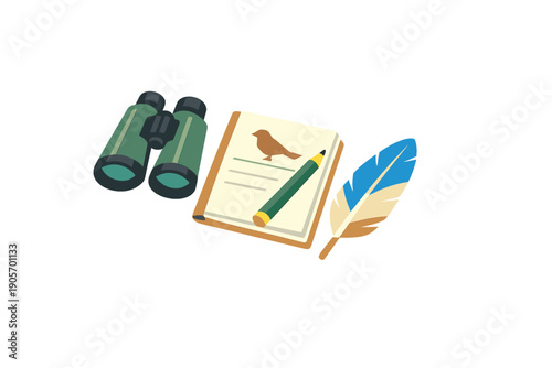 This flat illustration depicts bird watching equipment including green binoculars, a field notebook with a bird drawing, a pencil, and a colorful feather on a black background.