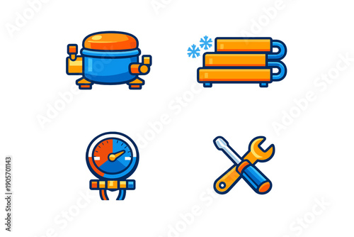 A collection of four stylized icons representing refrigeration and HVAC services, including a compressor, cooling coils, a pressure gauge, and crossed repair tools.