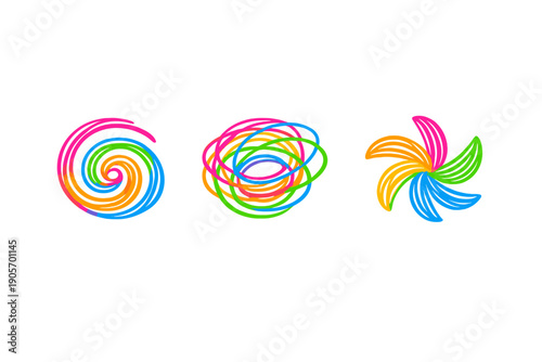 Three vibrant neon abstract shapes are displayed against a black background. These colorful designs include a tight spiral, a tangled circular scribble, and a glowing floral swirl with six petals.
