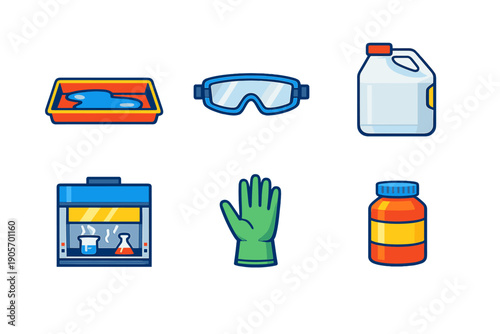 A collection of laboratory safety icons including protective goggles, a green glove, chemical containers, a fume hood with beakers, and a tray of liquid on a black background.