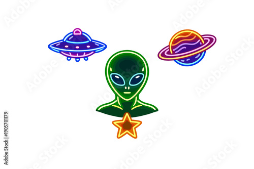 A collection of neon-style space icons including a green alien head, a blue flying saucer, a ringed planet, and a glowing star, all set against a solid black background.