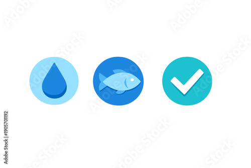 Three circular icons representing water, fish, and a checkmark are displayed horizontally against a solid black background. The icons use various shades of blue and teal.