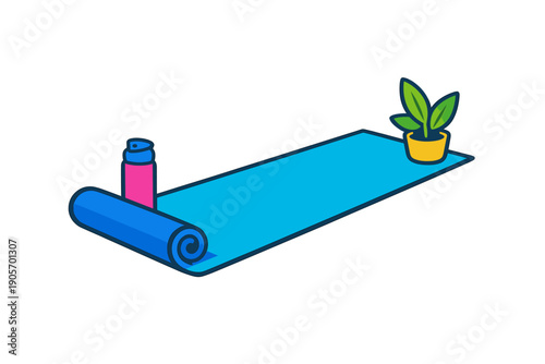 This vector graphic features a blue exercise mat partially unrolled with a pink spray bottle and a small potted plant on top, set against a solid black background.