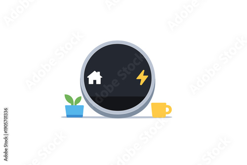 A flat vector illustration of a circular smart home device featuring a white house icon and a yellow lightning bolt, flanked by a small potted plant and a yellow coffee mug.