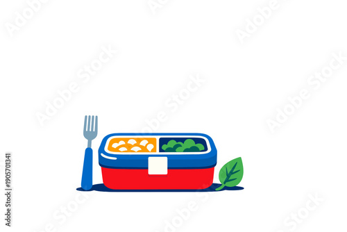 This minimalist vector illustration features a colorful bento box filled with healthy food, a blue fork, and a single green leaf, all set against a solid black background.