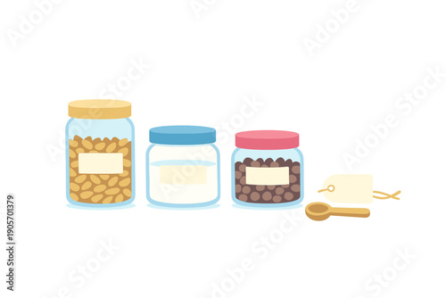 Three glass storage jars with yellow, blue, and pink lids contain seeds, powder, and beans. A wooden scoop and a blank label tag sit beside them in this flat vector illustration.