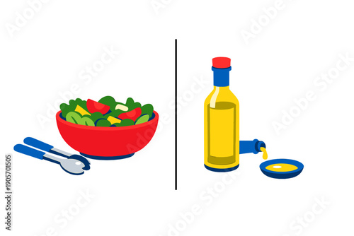 A flat vector illustration featuring a red bowl filled with fresh green salad and tomatoes next to blue tongs, alongside a bottle of yellow oil and a small dipping dish.