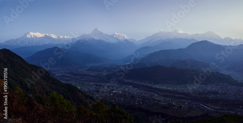 Panorama of Himalayas with Annapurna and Fishtail mountain in Pokhara, Nepal